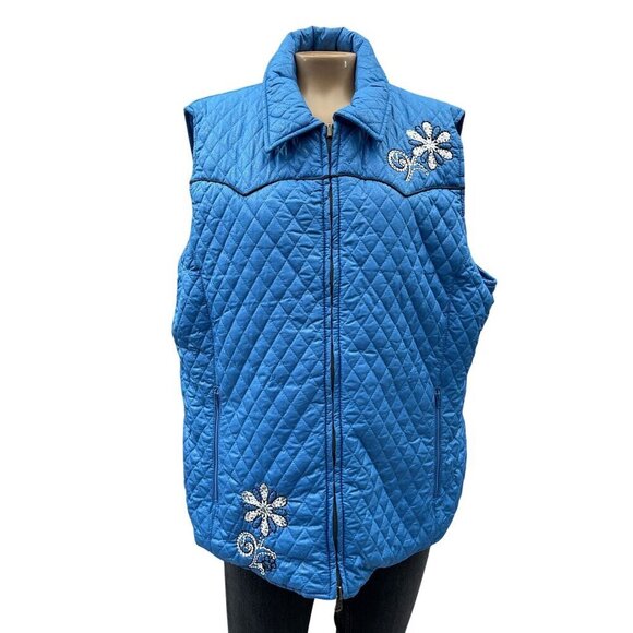 Roper Reversible Quilted Full Zip Winter Blue Vest Embroidered Floral Women XL - Picture 1 of 14